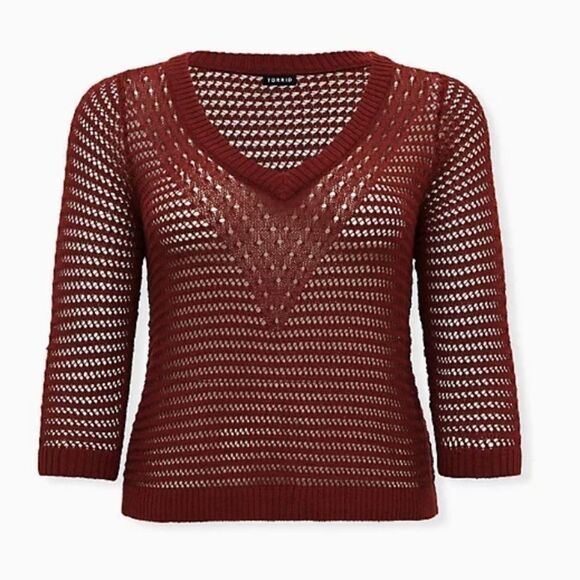 TORRID RUST RED OPEN STITCH & POINTELLE V-NECK CROP PULLOVER SWEATER - Picture 3 of 6